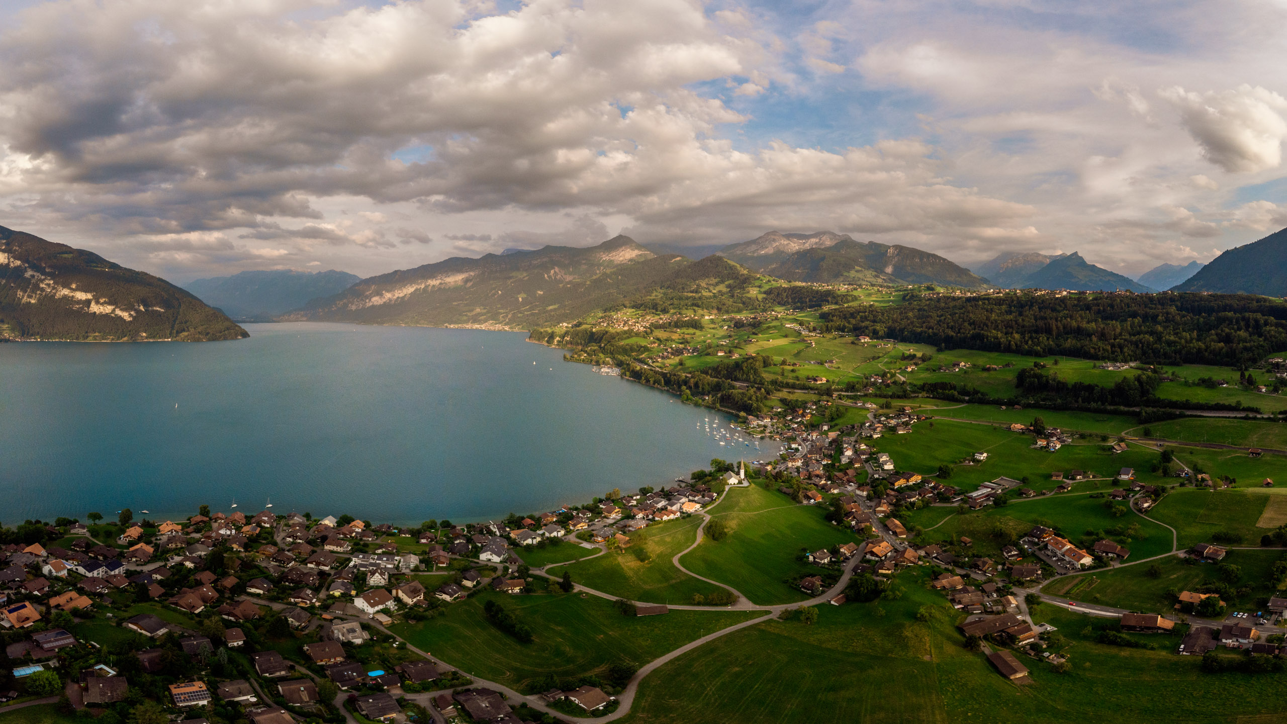 Aerial photograph of Faulensee and Lake Thun in Switzerland