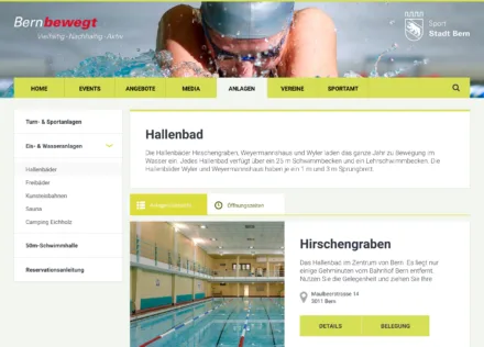 Screenshot of the Sportamt Bern website