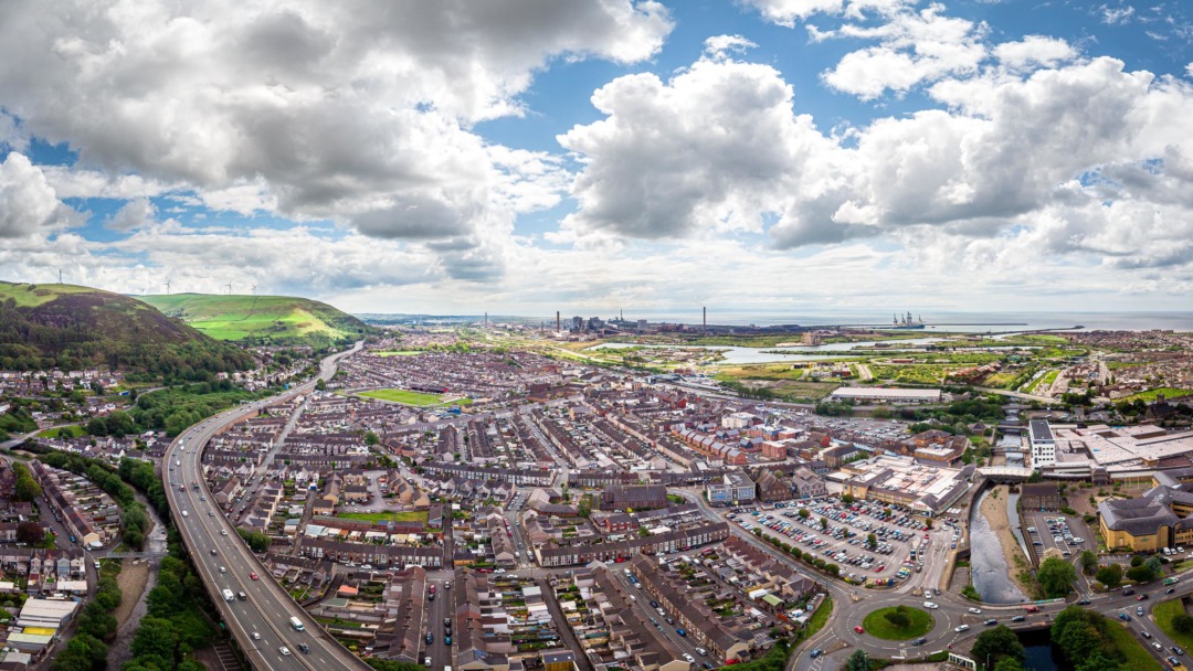 Aerial photograph of Port Talbot and the neighbouring steel works