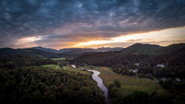 Aerial photo of sunset of the Langdale valley in Cumbria