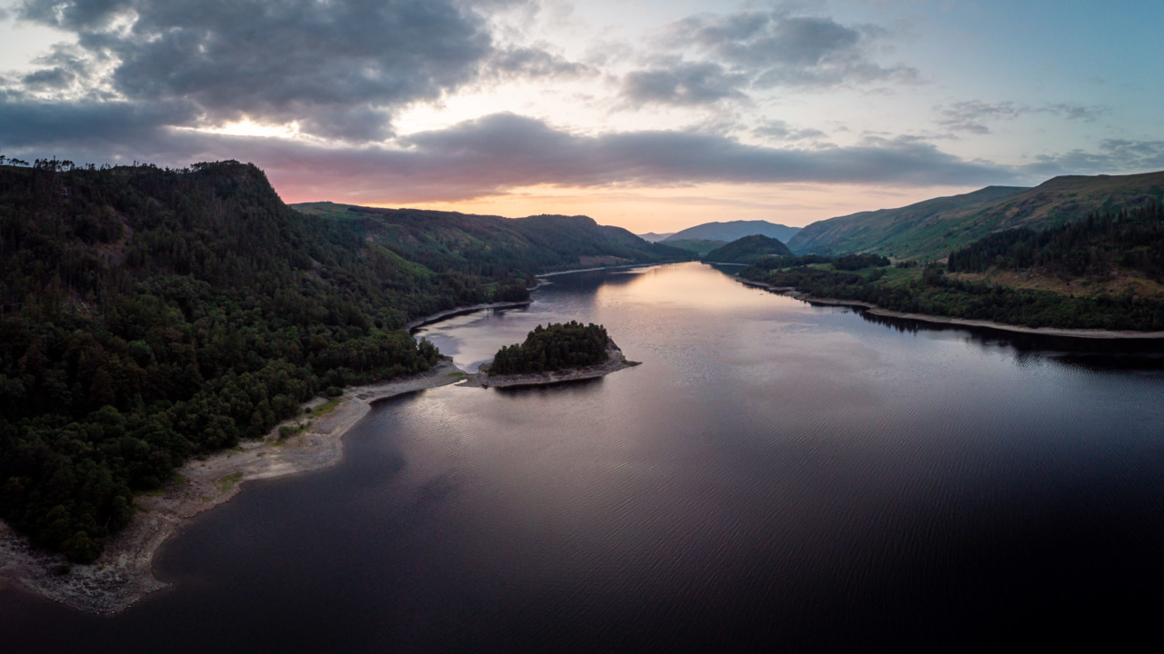 Aerial photograph of Thirlmere, in Cumbria, at sunset