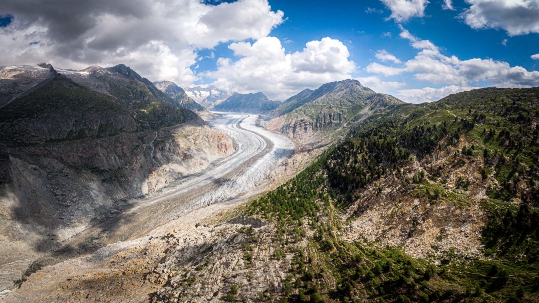 Aerial photograph of the Aletsch glacier in Swiss canton Valais