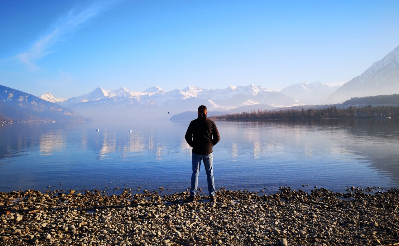 Mark Howells-Mead on the shores of Lake Thun in Switzerland