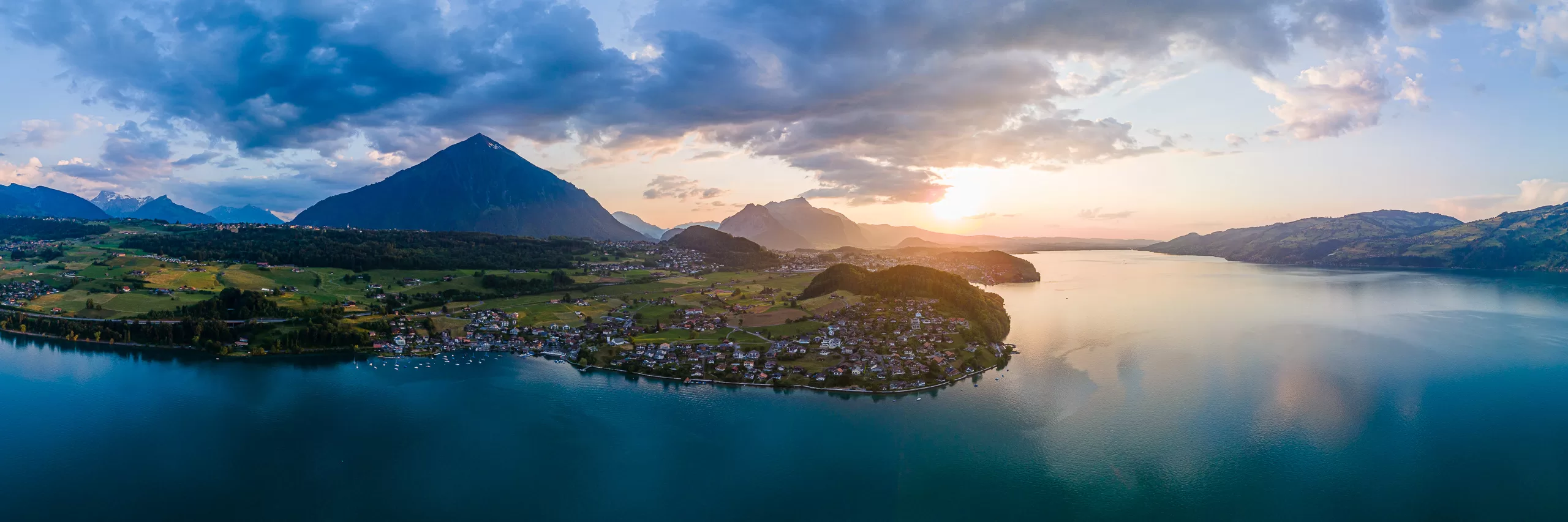 Drone view of sunset over Lake Thun in Switzerland