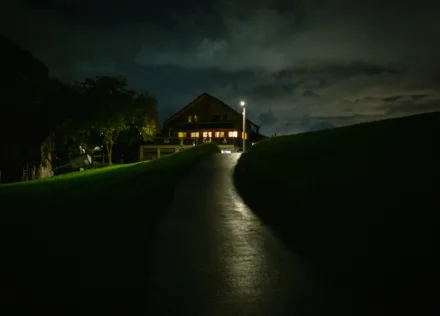 House and street lamp at night, Faulensee