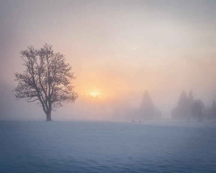 Sunset over a frozen field in the Jura mountains